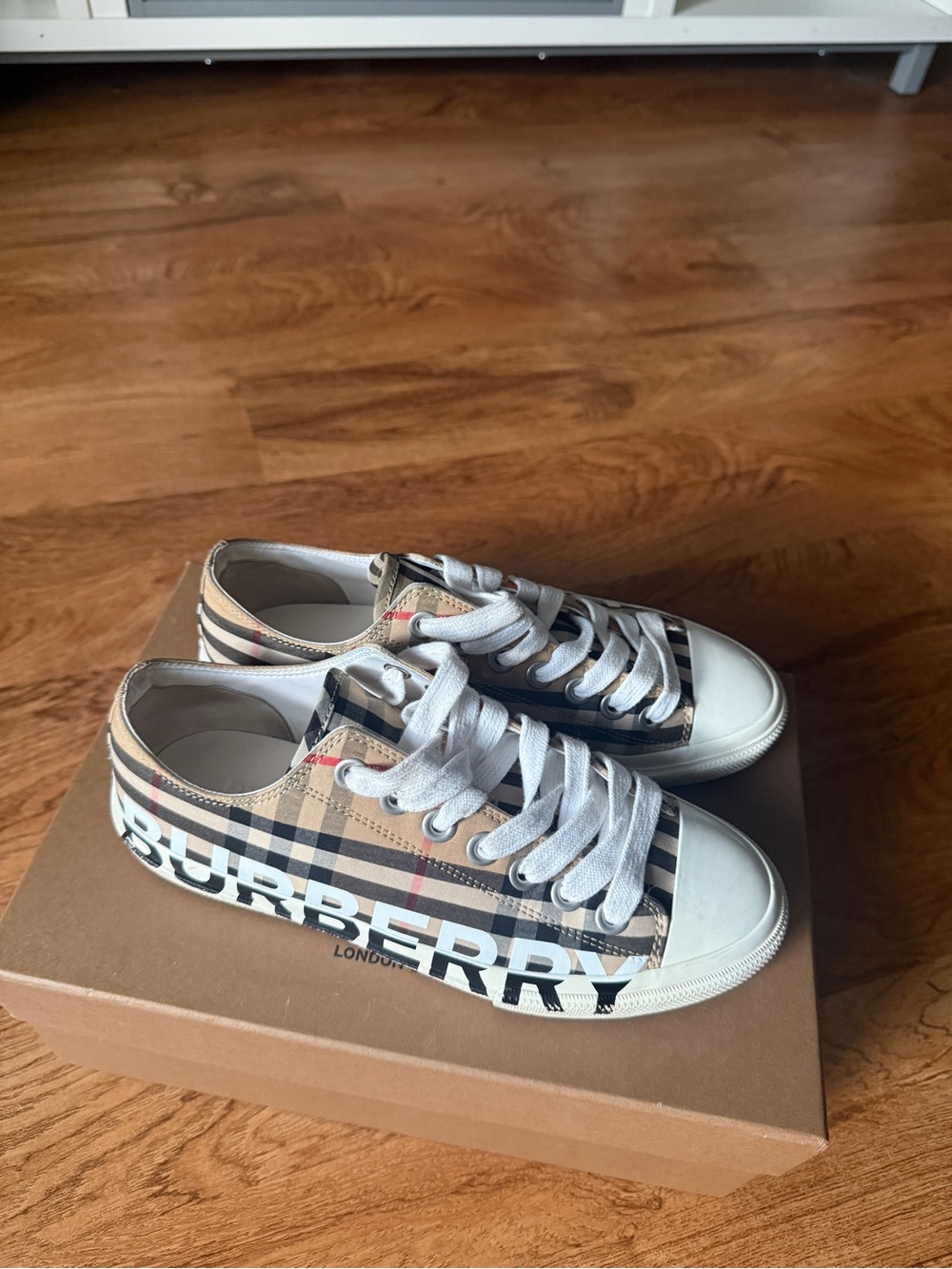 Burberry Tan Check Kids Lace-Up Sneakers with White Soles